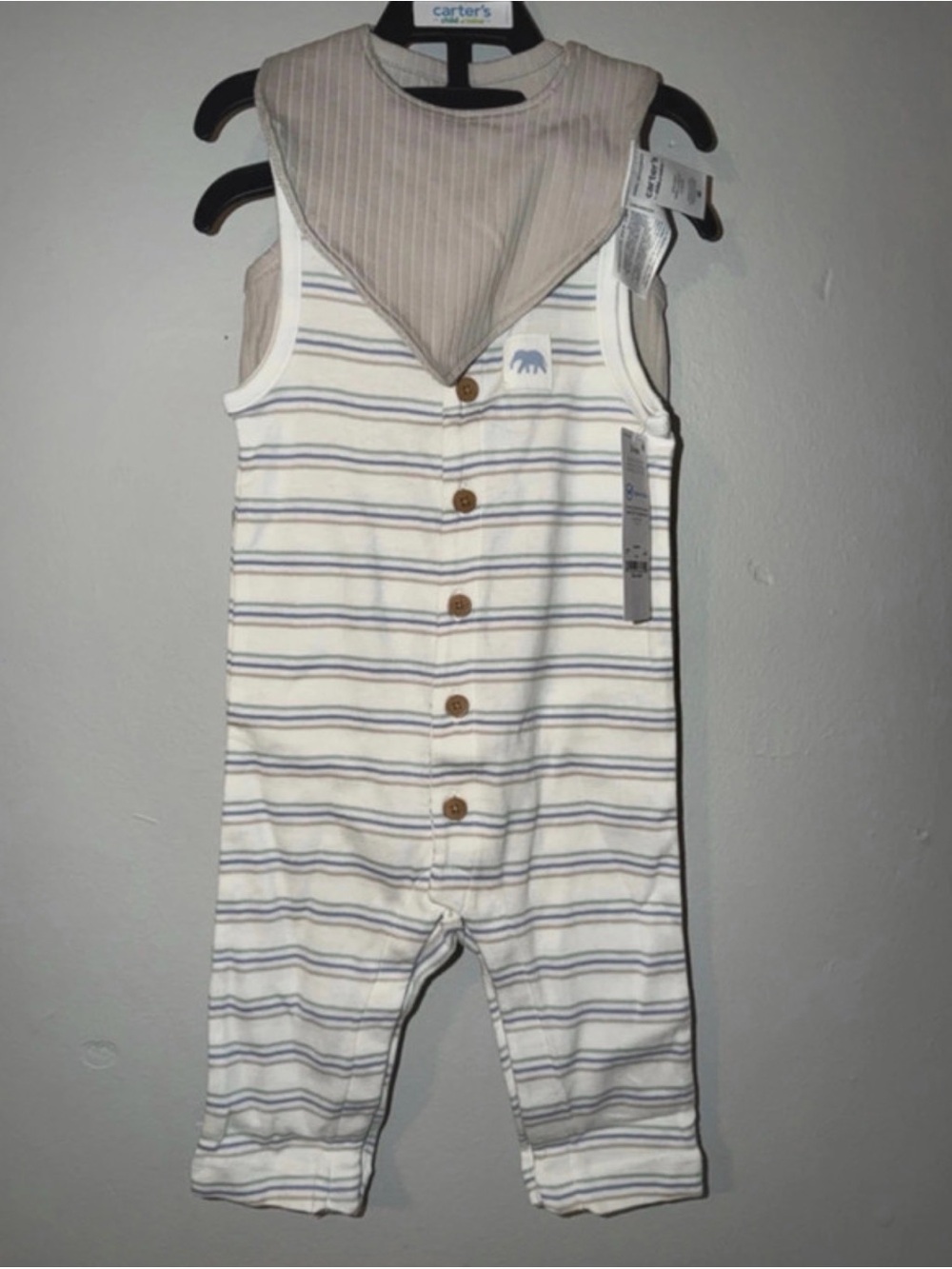 Carter's Cream and Gray Striped Sleeveless One-Piece with Bib